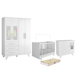 Dormitório Infantil Retrô Janelas Guarda Roupa, Cômoda e Berço Branco Brilho com Colchão Supreme - Móveis Peroba