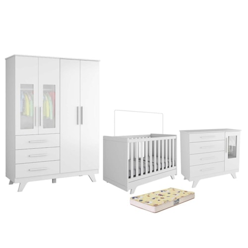 Dormitório Infantil Retrô Janelas Guarda Roupa, Cômoda e Berço Branco Brilho com Colchão Supreme - Móveis Peroba