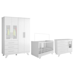 Dormitório Infantil Retrô Janelas Guarda Roupa, Cômoda e Berço Branco Brilho - Móveis Peroba