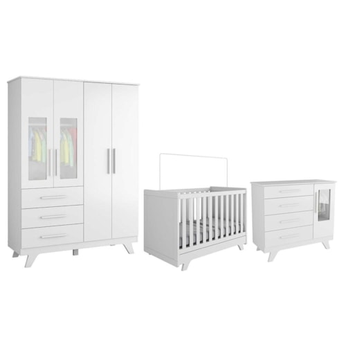 Dormitório Infantil Retrô Janelas Guarda Roupa, Cômoda e Berço Branco Brilho - Móveis Peroba