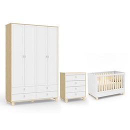 Dormitório Infantil Rope Guarda Roupa 4 Portas, Cômoda e Berço Branco Soft/Natural - Matic Móveis 
