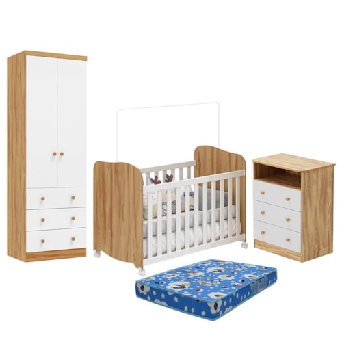 Dormitório Infantil Smim Guarda Roupa, Cômoda e Berço Branco Brilho/Amêndoa com Colchão Baby Physical - Móveis Peroba