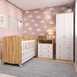 Dormitório Infantil Smim Guarda Roupa, Cômoda e Berço Branco Brilho/Amêndoa com Colchão Supreme - Móveis Peroba