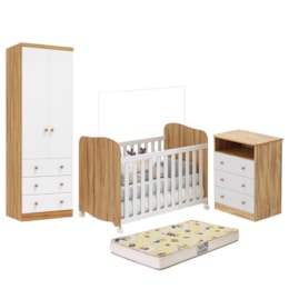 Dormitório Infantil Smim Guarda Roupa, Cômoda e Berço Branco Brilho/Amêndoa com Colchão Supreme - Móveis Peroba