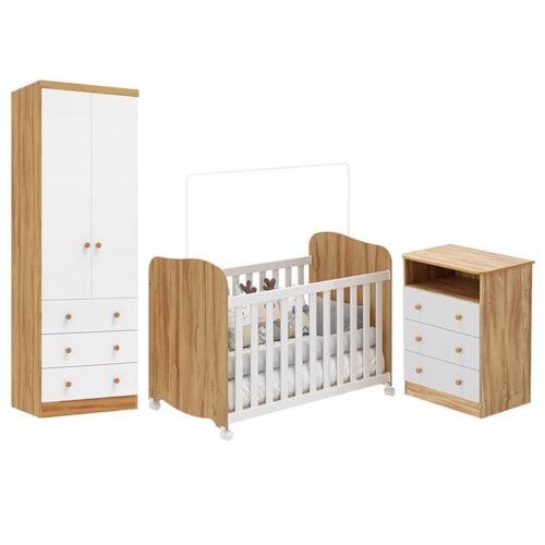 Dormitório Infantil Smim Guarda Roupa, Cômoda e Berço Branco Brilho/Amêndoa - Móveis Peroba