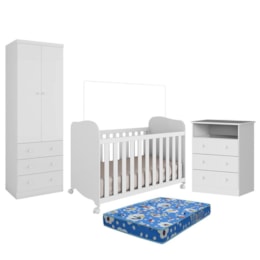 Dormitório Infantil Smim Guarda Roupa, Cômoda e Berço Branco Brilho com Colchão Baby Physical - Móveis Peroba Dormitório Infantil Smim Guarda Roupa, Cômoda e Berço Branco Brilho com Colchão Baby Physical - Móveis Peroba