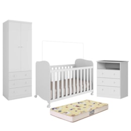 Dormitório Infantil Smim Guarda Roupa, Cômoda e Berço Branco Brilho com Colchão Supreme - Móveis Peroba Dormitório Infantil Smim Guarda Roupa, Cômoda e Berço Branco Brilho com Colchão Supreme - Móveis Peroba