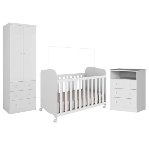 Dormitório Infantil Smim Guarda Roupa, Cômoda e Berço Branco Brilho - Móveis Peroba