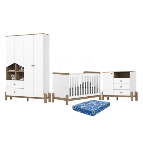 Dormitório Infantil Ternura Guarda Roupa, Cômoda e Berço Branco/Jequitibá com Colchão Physical - Móveis Henn 