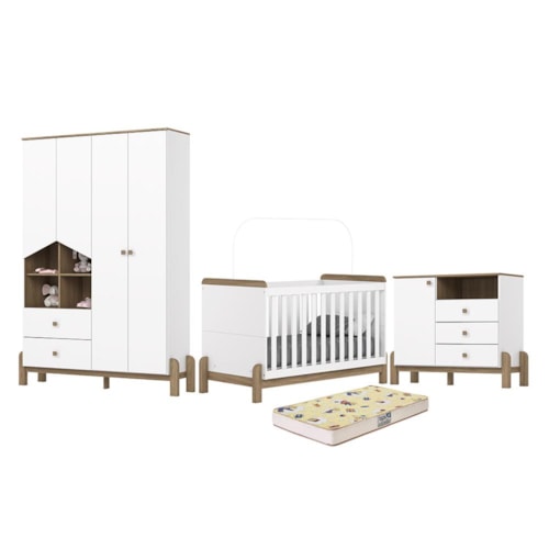 Dormitório Infantil Ternura Guarda Roupa, Cômoda e Berço Branco/Jequitibá com Colchão Supreme - Móveis Henn
