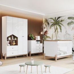 Dormitório Infantil Ternura Guarda Roupa, Cômoda e Berço Branco/Jequitibá - Móveis Henn 
