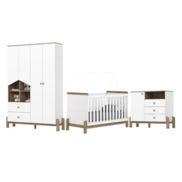 Dormitório Infantil Ternura Guarda Roupa, Cômoda e Berço Branco/Jequitibá - Móveis Henn 