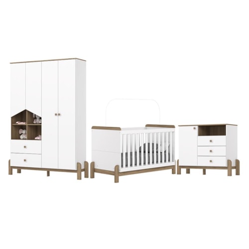 Dormitório Infantil Ternura Guarda Roupa, Cômoda e Berço Branco/Jequitibá - Móveis Henn 