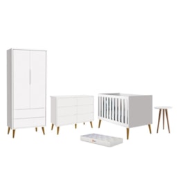 Dormitório Infantil Theo 2 Portas, Cômoda 6 Gavetas, Berço, Mesa de Canto Branco Fosco com Pés Amadeirado e Colchão - Reller Móveis Dormitório Infantil Theo 2 Portas, Cômoda 6 Gavetas, Berço, Mesa de Canto Branco Fosco com Pés Amadeirado e Colchão - Reller Móveis