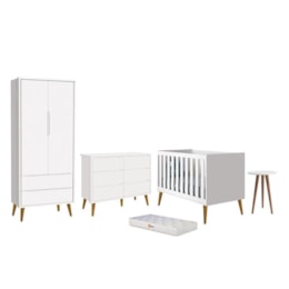 Dormitório Infantil Theo 2 Portas, Cômoda 6 Gavetas, Berço, Mesa de Canto Branco Fosco com Pés Amadeirado e Colchão - Reller Móveis