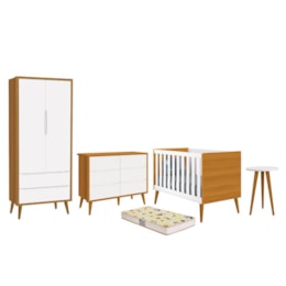 Dormitório Infantil Theo 2 Portas, Cômoda 6 Gavetas, Berço, Mesa de Canto Branco/Savana com Pés Amadeirado e Colchão - Reller Móveis Dormitório Infantil Theo 2 Portas, Cômoda 6 Gavetas, Berço, Mesa de Canto Branco/Savana com Pés Amadeirado e Colchão - Reller Móveis