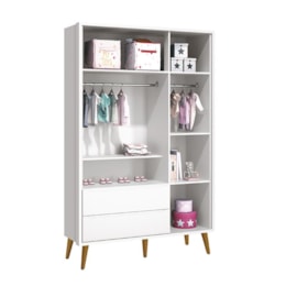 Dormitório Infantil Theo 3 Portas, Cômoda 6 Gavetas, Berço, Mesa de Canto Branco Fosco com Pés Amadeirado e Colchão - Reller Móveis