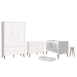 Dormitório Infantil Theo 3 Portas, Cômoda 6 Gavetas, Berço, Mesa de Canto Branco Fosco com Pés Amadeirado e Colchão - Reller Móveis