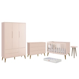 Dormitório Infantil Theo 3 Portas, Cômoda 6 Gavetas, Berço, Mesa de Canto Rosa Fosco com Pés Amadeirado e Colchão - Reller Móveis