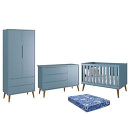 Dormitório Infantil Theo Retrô 2 Portas, Cômoda 1 Porta, Berço Azul Fosco com Pés Amadeirado e Colchão - Reller Móveis