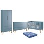 Dormitório Infantil Theo Retrô 2 Portas, Cômoda 1 Porta, Berço Azul Fosco com Pés Amadeirado e Colchão - Reller Móveis