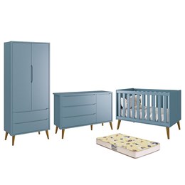 Dormitório Infantil Theo Retrô 2 Portas, Cômoda 1 Porta, Berço Azul Fosco com Pés Amadeirado e Colchão D18 - Reller Móveis