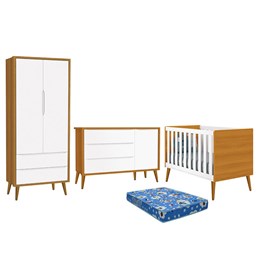 Dormitório Infantil Theo Retrô 2 Portas, Cômoda 1 Porta, Berço Branco/Savana com Pés Amadeirado e Colchão - Reller Móveis