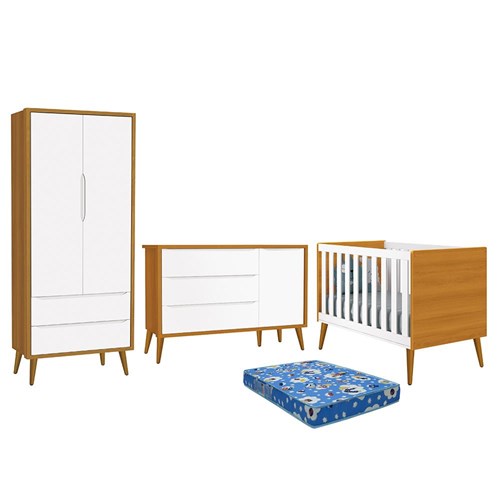 Dormitório Infantil Theo Retrô 2 Portas, Cômoda 1 Porta, Berço Branco/Savana com Pés Amadeirado e Colchão - Reller Móveis