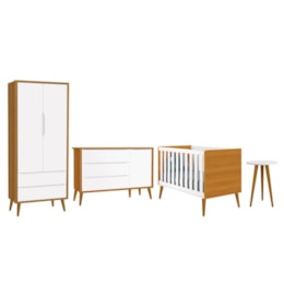 Dormitório Infantil Theo Retrô 2 Portas, Cômoda 1 Porta, Berço e Mesa de Apoio Branco/Savana com Pés Amadeirado - Reller Móveis Dormitório Infantil Theo Retrô 2 Portas, Cômoda 1 Porta, Berço e Mesa de Apoio Branco/Savana com Pés Amadeirado - Reller Móveis