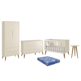 Dormitório Infantil Theo Retrô 2 Portas, Cômoda 1 Porta, Berço, Mesa de Apoio Areia Fosco com Pés Amadeirado e Colchão - Reller Móveis Dormitório Infantil Theo Retrô 2 Portas, Cômoda 1 Porta, Berço, Mesa de Apoio Areia Fosco com Pés Amadeirado e Colchão - Reller Móveis
