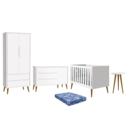 Dormitório Infantil Theo Retrô 2 Portas, Cômoda 1 Porta, Berço, Mesa de Apoio Branco Fosco com Pés Amadeirado e Colchão - Reller Móveis Dormitório Infantil Theo Retrô 2 Portas, Cômoda 1 Porta, Berço, Mesa de Apoio Branco Fosco com Pés Amadeirado e Colchão - Reller Móveis