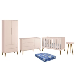 Dormitório Infantil Theo Retrô 2 Portas, Cômoda 1 Porta, Berço, Mesa de Apoio Rosa Fosco com Pés Amadeirado e Colchão - Reller Móveis Dormitório Infantil Theo Retrô 2 Portas, Cômoda 1 Porta, Berço, Mesa de Apoio Rosa Fosco com Pés Amadeirado e Colchão - Reller Móveis