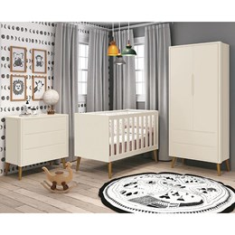 Dormitório Infantil Theo Retrô 2 Portas, Cômoda, Berço Areia Fosco com Pés Amadeirado e Colchão - Reller Móveis