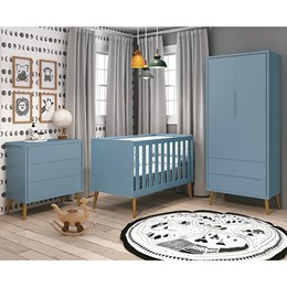 Dormitório Infantil Theo Retrô 2 Portas, Cômoda, Berço Azul Fosco com Pés Amadeirado e Colchão D18 - Reller Móveis