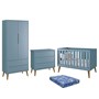 Dormitório Infantil Theo Retrô 2 Portas, Cômoda, Berço Azul Fosco com Pés Amadeirado e Colchão - Reller Móveis