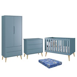 Dormitório Infantil Theo Retrô 2 Portas, Cômoda, Berço Azul Fosco com Pés Madeira Natural e Colchão - Reller Móveis 