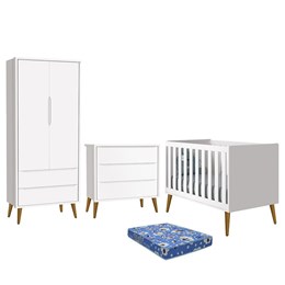 Dormitório Infantil Theo Retrô 2 Portas, Cômoda, Berço Branco Fosco com Pés Amadeirado e Colchão - Reller Móveis