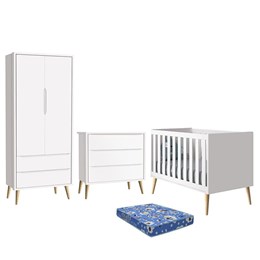Dormitório Infantil Theo Retrô 2 Portas, Cômoda, Berço Branco Fosco com Pés Madeira Natural e Colchão - Reller Móveis 