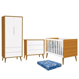 Dormitório Infantil Theo Retrô 2 Portas, Cômoda, Berço Branco/Savana com Pés Amadeirado e Colchão - Reller Móveis