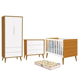 Dormitório Infantil Theo Retrô 2 Portas, Cômoda, Berço Branco/Savana com Pés Amadeirado e Colchão D18 - Reller Móveis