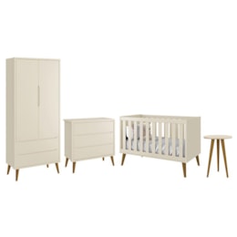 Dormitório Infantil Theo Retrô 2 Portas, Cômoda, Berço e Mesa de Apoio Areia Fosco com Pés Amadeirado - Reller Móveis Dormitório Infantil Theo Retrô 2 Portas, Cômoda, Berço e Mesa de Apoio Areia Fosco com Pés Amadeirado - Reller Móveis