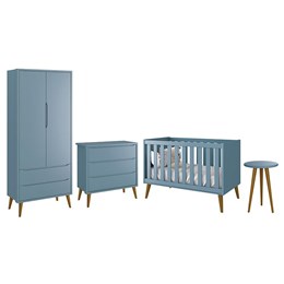 Dormitório Infantil Theo Retrô 2 Portas, Cômoda, Berço e Mesa de Apoio Azul Fosco com Pés Amadeirado - Reller Móveis