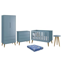 Dormitório Infantil Theo Retrô 2 Portas, Cômoda, Berço, Mesa de Apoio Azul Fosco com Pés Amadeirado e Colchão - Reller Móveis
