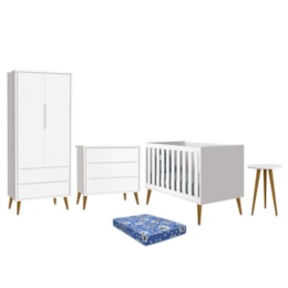 Dormitório Infantil Theo Retrô 2 Portas, Cômoda, Berço, Mesa de Apoio Branco Fosco com Pés Amadeirado e Colchão - Reller Móveis Dormitório Infantil Theo Retrô 2 Portas, Cômoda, Berço, Mesa de Apoio Branco Fosco com Pés Amadeirado e Colchão - Reller Móveis