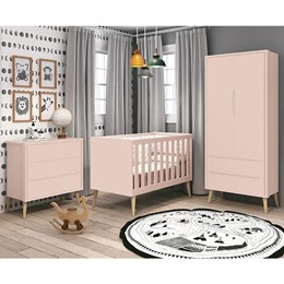 Dormitório Infantil Theo Retrô 2 Portas, Cômoda, Berço Rosa Fosco com Pés Madeira Natural e Colchão - Reller Móveis 