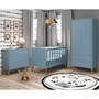 Dormitório Infantil Theo Retrô 2 Portas, Cômoda e Berço Azul Fosco com Pés Amadeirado - Reller Móveis