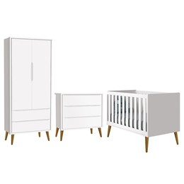 Dormitório Infantil Theo Retrô 2 Portas, Cômoda e Berço Branco Fosco com Pés Amadeirado - Reller Móveis