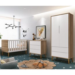 Dormitório Infantil Theo Retrô 2 Portas, Cômoda e Berço Branco Fosco/Mezzo com Pés Amadeirado - Reller Móveis