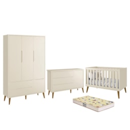 Dormitório Infantil Theo Retrô 3 Portas, Cômoda 1 Porta, Berço Areia Fosco com Pés Amadeirado e Colchão D18 - Reller Móveis Dormitório Infantil Theo Retrô 3 Portas, Cômoda 1 Porta, Berço Areia Fosco com Pés Amadeirado e Colchão D18 - Reller Móveis