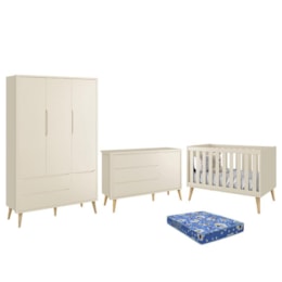 Dormitório Infantil Theo Retrô 3 Portas, Cômoda 1 Porta, Berço Areia Fosco com Pés Madeira Natural e Colchão - Reller Móveis  Dormitório Infantil Theo Retrô 3 Portas, Cômoda 1 Porta, Berço Areia Fosco com Pés Madeira Natural e Colchão - Reller Móveis